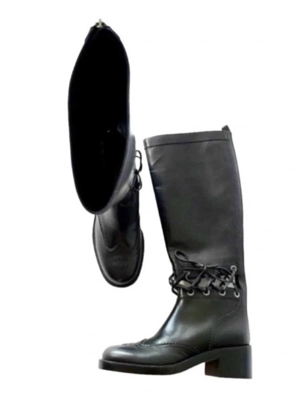 CHANEL Lagerfeld Fall 2016 Black Leather Knee High Laced Equestrian Riding Boot